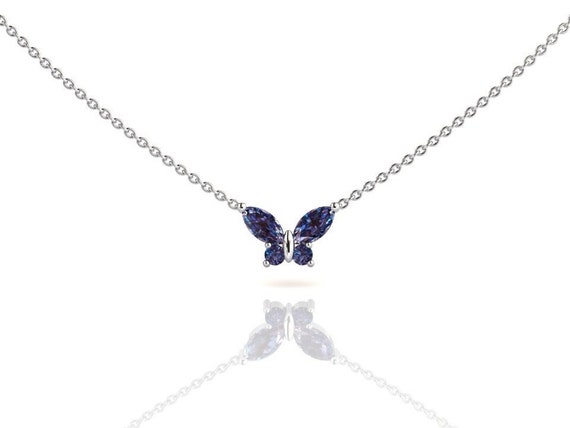 Solid Platinum Alexandrite Butterfly Necklace, Layering Pendant, Color Change Gemstone, Anniversary Jewelry, June Birthstone Gift For Her