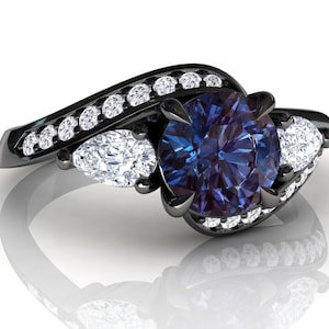 Black Gold Alexandrite Engagement Ring | Gemstone Ring | Bypass Ring | Natural Diamonds | Alexandrite Anniversary Ring | Three Stone Ring