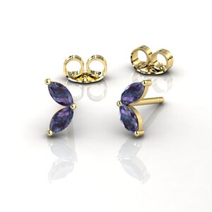 Alexandrite Stud Earrings, Mini Marquise Cut Prong Set 14k Yellow Gold Studs, Small Minimalist Jewelry, June Birthstone, Single Or Pair
