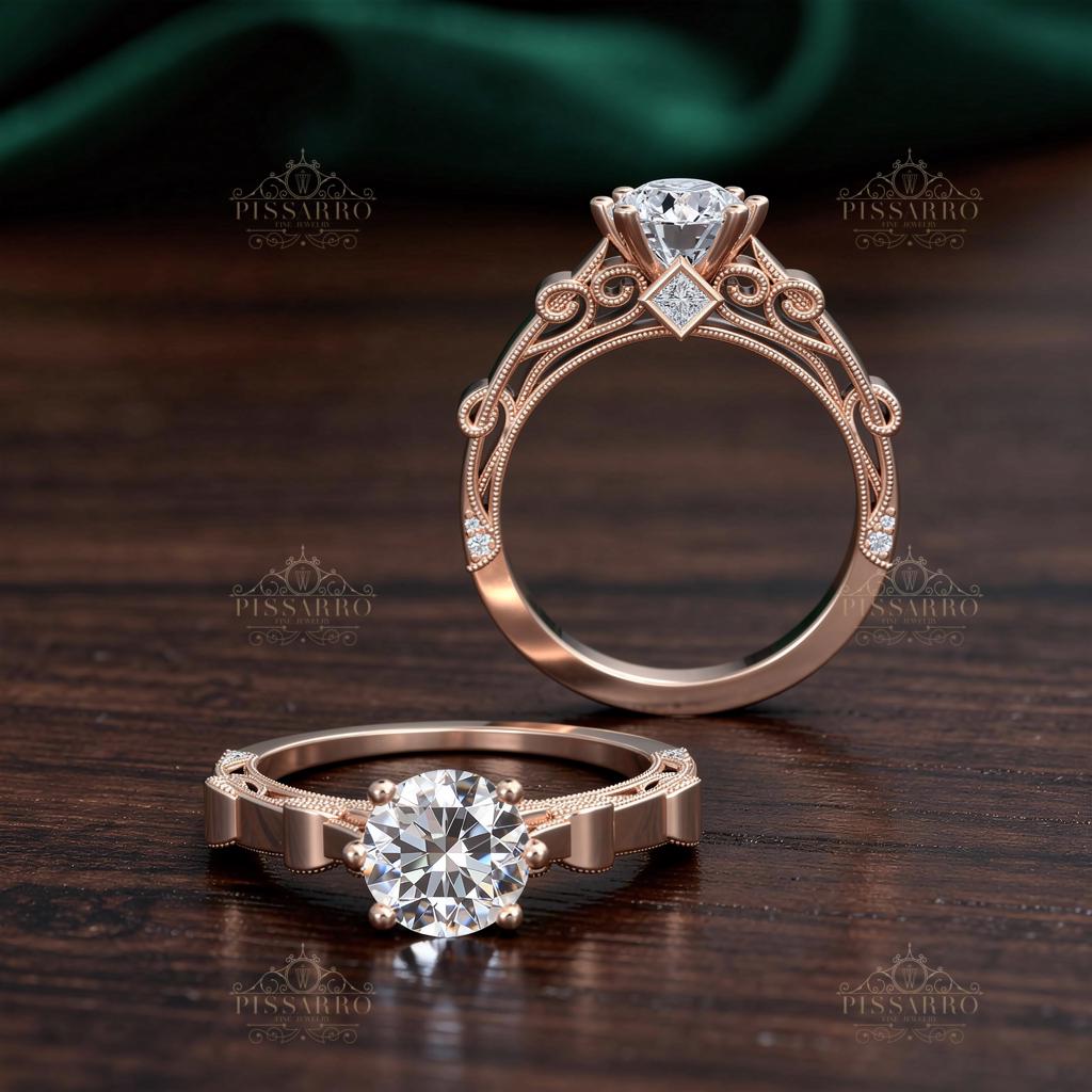 Moissanite Engagement Ring, Solid 10k, 14k, 18k Rose Gold, Vintage Style