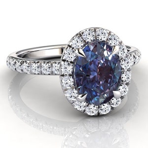 Alexandrite Engagement Ring Halo Diamond Ring Promise Ring Anniversary Ring Silver or Solid Gold Ring Oval Alexandrite Ring June Birthstone