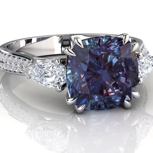 Platinum Alexandrite Ring | Cushion Cut Alexandrite | 3 Stone Engagement Ring | Wedding Ring Set | Platinum Bridal Set | Natural Diamonds
