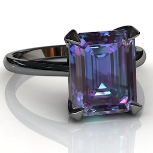 Black Gold Alexandrite Engagement Ring | Emerald Cut Alexandrite Ring | Alexandrite Solitaire Ring | Simple Alexandrite Ring | Cocktail Ring