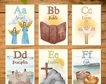 Printable Bible Alphabet Flashcards: Watercolor Christian ABC Cards (PDF Download)