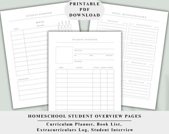 Printable Homeschool Planner Student Pages: Curriculum Planner, Student Interview, Student Questionnaire, Booklist PDF Digital Download