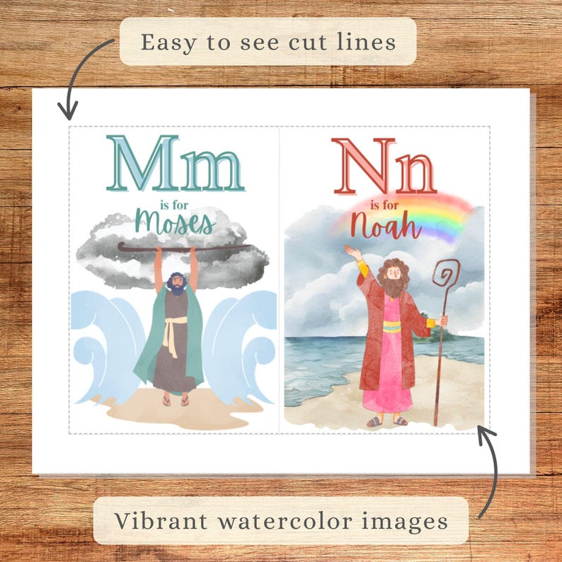 May include: Two watercolor illustrations with the letters "Mm" and "Nn". "Mm" is for Moses, depicted with a staff, and "Nn" is for Noah, with a rainbow. The text "Easy to see cut lines" and "Vibrant watercolor images" are also present.