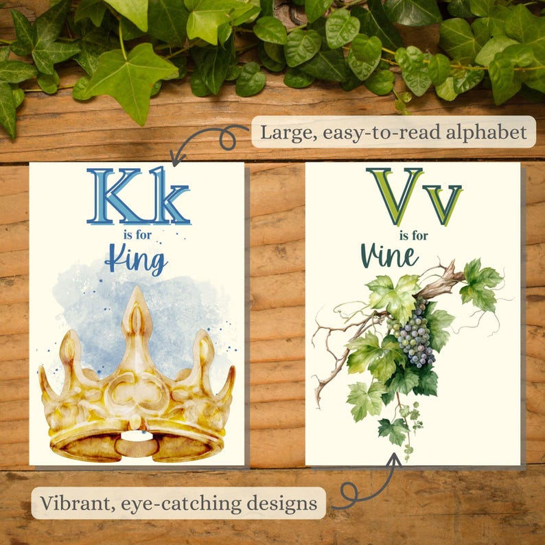 May include: Two educational alphabet art prints. One features the letter "K" with "King" and a gold crown illustration. The other shows the letter "V" with "Vine" and a watercolor illustration of grapes and leaves. The text reads "Large, easy-to-read alphabet" and "Vibrant, eye-catching designs."