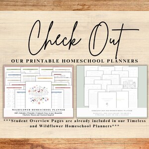 May include: An advertisement for printable homeschool planners. The text "Check Out" is in a large, elegant script. Two planner designs are displayed: "Wildflower Homeschool Planner" and "Timeless 2025-2026 Homeschool Planner". The image includes text about the planners' features.