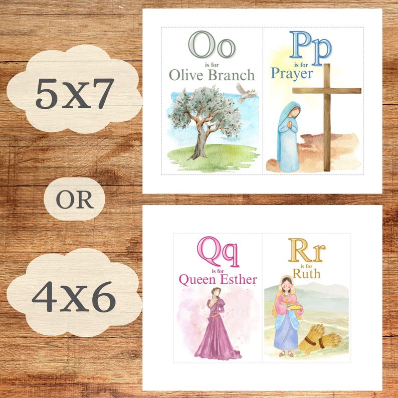 May include: Set of four watercolor art prints featuring the letters O, P, Q, and R, each paired with a related word: Olive Branch, Prayer, Queen Esther, and Ruth. The prints are available in 5x7 inch or 4x6 inch sizes.