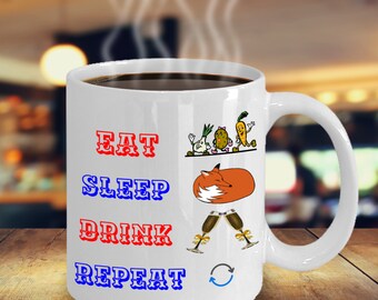 Taza de café con texto "Comer, dormir, bailar, repetir, verduras, zorro, bebidas", inspiradora, motivacional y divertida (MG000642)