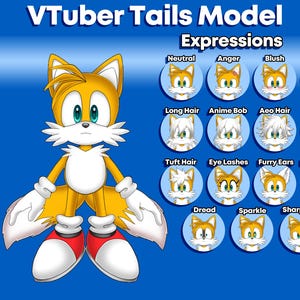 May include: Digital illustration of the character Tails from the Sonic the Hedgehog franchise. The image shows Tails in a standing pose, with various facial expressions and hairstyles, including neutral, angry, blush, and sad. The text "VTuber Tails Model Expressions" is at the top.