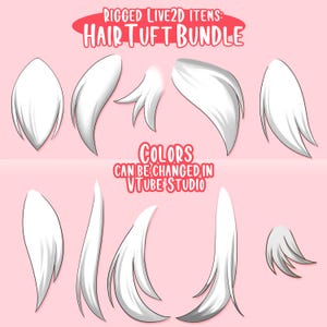 May include: A set of 10 white hair tufts for use in Live2D animation software. The tufts are rigged and can be customised in VTube Studio. The text "RIGGED LIVE2D ITEMS: HAIR TUFT BUNDLE" is at the top of the image. The text "COLORS CAN BE CHANGED IN VTUBE STUDIO" is in the middle of the image.