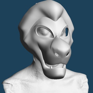 May include: A 3D-printed, light gray lion mask with detailed facial features. The mask includes eye sockets, a prominent nose, and a partially open mouth revealing teeth. The mask is designed to be worn, with a neck and shoulder area visible.