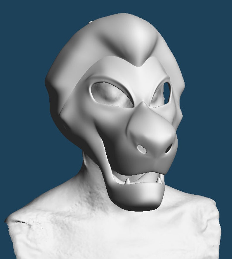 May include: A 3D-printed, light gray lion mask with detailed facial features. The mask includes eye sockets, a prominent nose, and a partially open mouth revealing teeth. The mask is designed to be worn, with a neck and shoulder area visible.