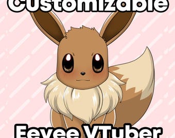 Puede incluir: Ilustración de dibujos animados del personaje Eevee con el texto "Customizable Eevee VTuber" en negrita negra. Eevee es marrón con ojos grandes y expresivos y una cola esponjosa, sobre un fondo rosa.