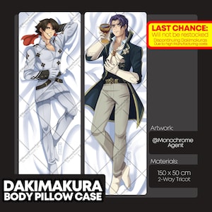 May include: Dakimakura body pillow case featuring two anime-style characters. One character is in a white uniform, the other in a dark coat. The pillow case is 150 cm x 50 cm. Text on the image reads "LAST CHANCE" and "BODY PILLOW CASE."