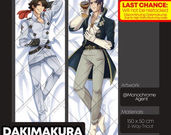 May include: Dakimakura body pillow case featuring two anime-style characters. One character is in a white uniform, the other in a dark coat. The pillow case is 150 cm x 50 cm. Text on the image reads "LAST CHANCE" and "BODY PILLOW CASE."