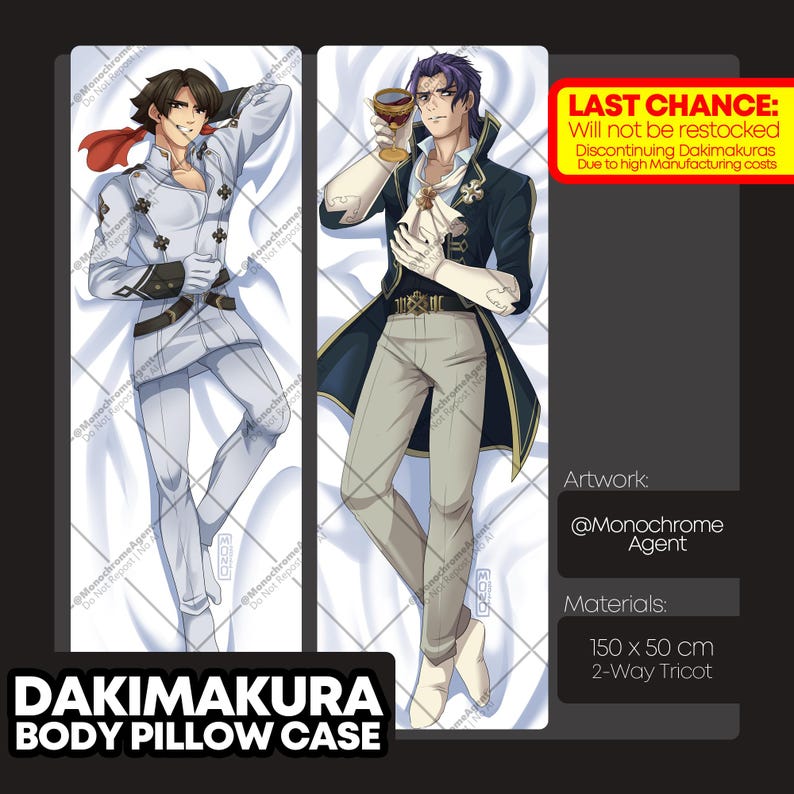 Może przedstawiać: Poszewka na poduszkę Dakimakura z dwiema postaciami w stylu anime. Jedna postać ma na sobie biały mundur, druga ciemny płaszcz. Poszewka ma wymiary 150 cm x 50 cm. Tekst na zdjęciu brzmi "LAST CHANCE" i "DAKIMAKURA BODY PILLOW CASE."