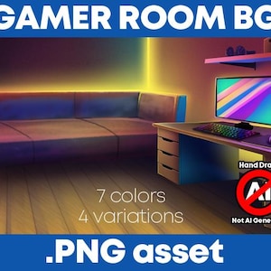 Peut inclure: Illustration numérique d'un fond de salle de jeu avec un canapé, un bureau, un écran d'ordinateur et un clavier. La pièce est éclairée par des néons et a un sol en bois. L'image est intitulée "GAMER ROOM BG", "7 couleurs", "4 variations" et ".PNG asset".