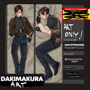 Może przedstawiać: Prostokątna poszewka na poduszkę typu body pillow z dwiema ilustracjami Leona S. Kennedy'ego z Resident Evil 4. Jedna strona przedstawia postać stojącą w brązowej kurtce i czarnym golfie, druga śpiącą w czarnej koszulce z krótkim rękawem.