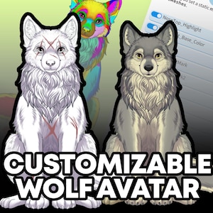 Könnte beinhalten: Zwei anpassbare Wolfs-Avatare, einer weiß mit roten Markierungen und einer grau mit braunen Markierungen, sitzen in sitzender Position. Die Avatare befinden sich auf einem schwarzen Hintergrund mit dem Text "CUSTOMIZABLE WOLF AVATAR" darunter.