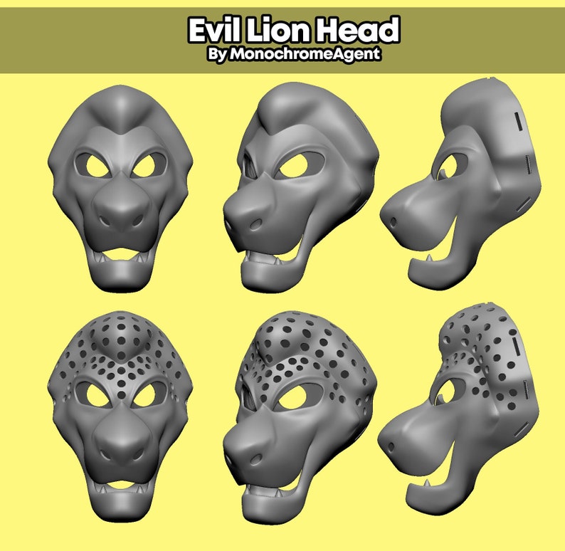 May include: Six gray lion head masks in various poses against a yellow background. The masks have detailed features, including open mouths with teeth and eye openings. The text "Evil Lion Head" and "By MonochromeAgent" are at the top.