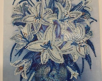 Finished Diamond Painting - White Lilies in a Blue Vase