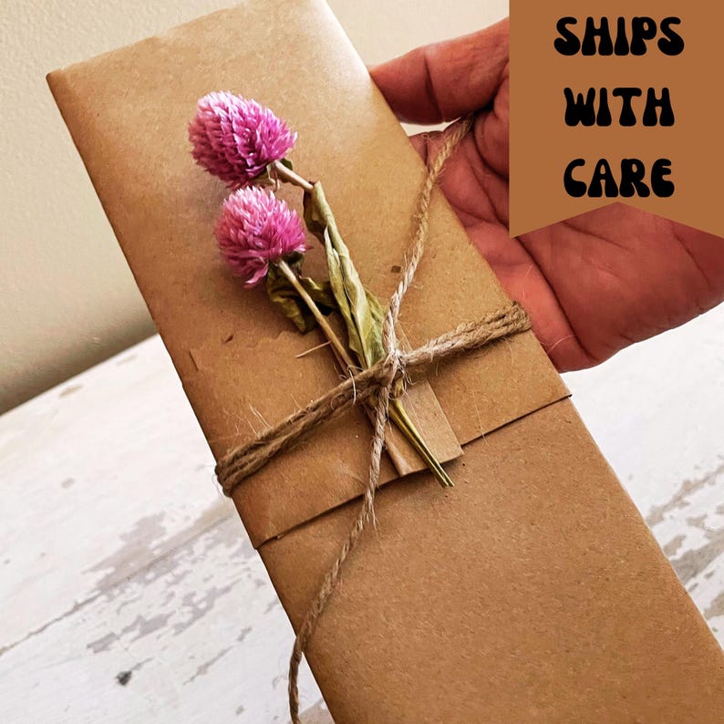 May include: A brown paper package tied with twine and decorated with dried pink flowers. The package is labeled "SHIPS WITH CARE".