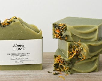 Chlorella & Peppermint Handmade Soap Bar || PEPPERMINT + CEDARWOOD || Natural, Vegan, Palm Oil Free, Fragrance Free, Care Package, Spa Gift