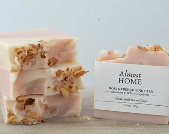 Rose & French Pink Clay Soap Bar | Geranium White Grapefruit Scent, Vegan, Handmade