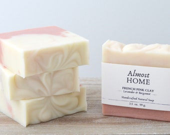 French Pink Clay & Shea Butter Handmade Swirled Soap Bar || LAVENDER + BERGAMOT |Vegan, Palm Oil Free,Fragrance Free,Natural Soap,Spa Gift