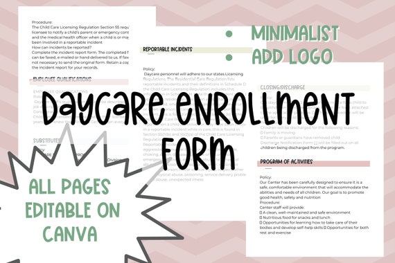 DAYCARE ENROLLMENT FORMS/ Childcare Center Printable Daycare - Etsy