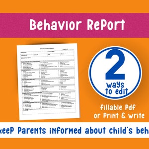 Puede incluir: Un formulario de informe de incidentes de comportamiento imprimible con una lista de verificación de comportamientos. El formulario se titula "Behavior Incident Report". La imagen también incluye un círculo azul con el número "2" y el texto "ways to edit" en blanco. Debajo del círculo, el texto dice "fillable Pdf or Print & write". El texto "keep Parents informed about child's behavior" está en la parte inferior de la imagen.
