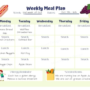 Daycare, Childcare, Home Care Printable Meal Plan, Meal Prep Planner ...