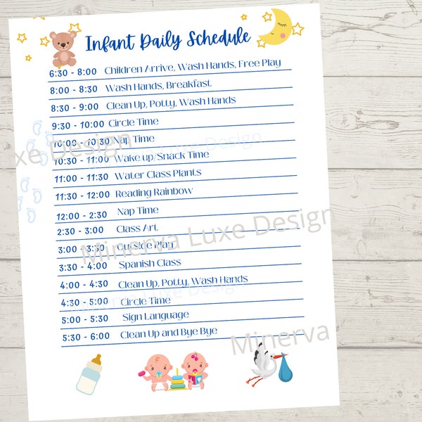 Infant Schedule for Nursery, childcare, daycare, homeware, Fillable PDF, Guide