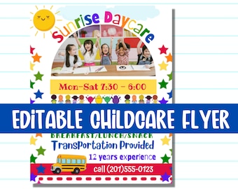 Op de afbeelding: Een kleurrijke flyer voor Sunrise Daycare, met een foto van kinderen in een klaslokaal. De flyer bevat de openingstijden van de kinderopvang, contactgegevens en de tekst "Vervoer wordt verzorgd".
