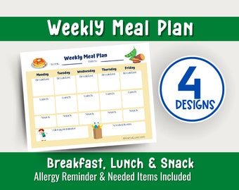 Daycare, Childcare, Home Care Printable Meal Plan, Meal Prep Planner, Menu Planner, Breakfast, Lunch and Dinner Planner, Grocery List,