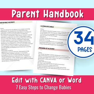 Parent Handbook for Daycare, 34 pages, editable on Word or CANVA. Daycare Childcare Learning Academy.
