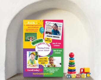 May include: A colorful flyer advertising a daycare called "Country Tyme". The flyer features photos of children, a chalkboard, and a stack of colorful rings. The text on the flyer includes the daycare's name, address, phone number, and hours of operation. The flyer also mentions that the daycare offers meals, an engaging curriculum, and circle time for large and small groups.