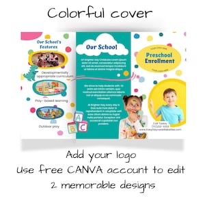 Pode incluir: Um folheto colorido de tr&ecirc;s dobras para inscri&ccedil;&atilde;o na pr&eacute;-escola. O folheto apresenta um dinossauro de desenho animado, uma crian&ccedil;a brincando com blocos e uma crian&ccedil;a pintando. O folheto tamb&eacute;m inclui o texto "Our School's Features", "Developmentally appropriate curriculum", "Play-based learning", "Outdoor play", "Our School", "Preschool Enrollment", "Call Today (111) 222-3333", e "www.EasyDaycareWebsites.com".