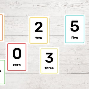 Op de afbeelding: Flashcards met de getallen 0-5 en hun bijbehorende woorden. Elke kaart heeft een witte achtergrond met een gekleurde rand. De getallen zijn in een vetgedrukte zwarte letter. De kaarten zijn gerangschikt op een licht houten oppervlak.