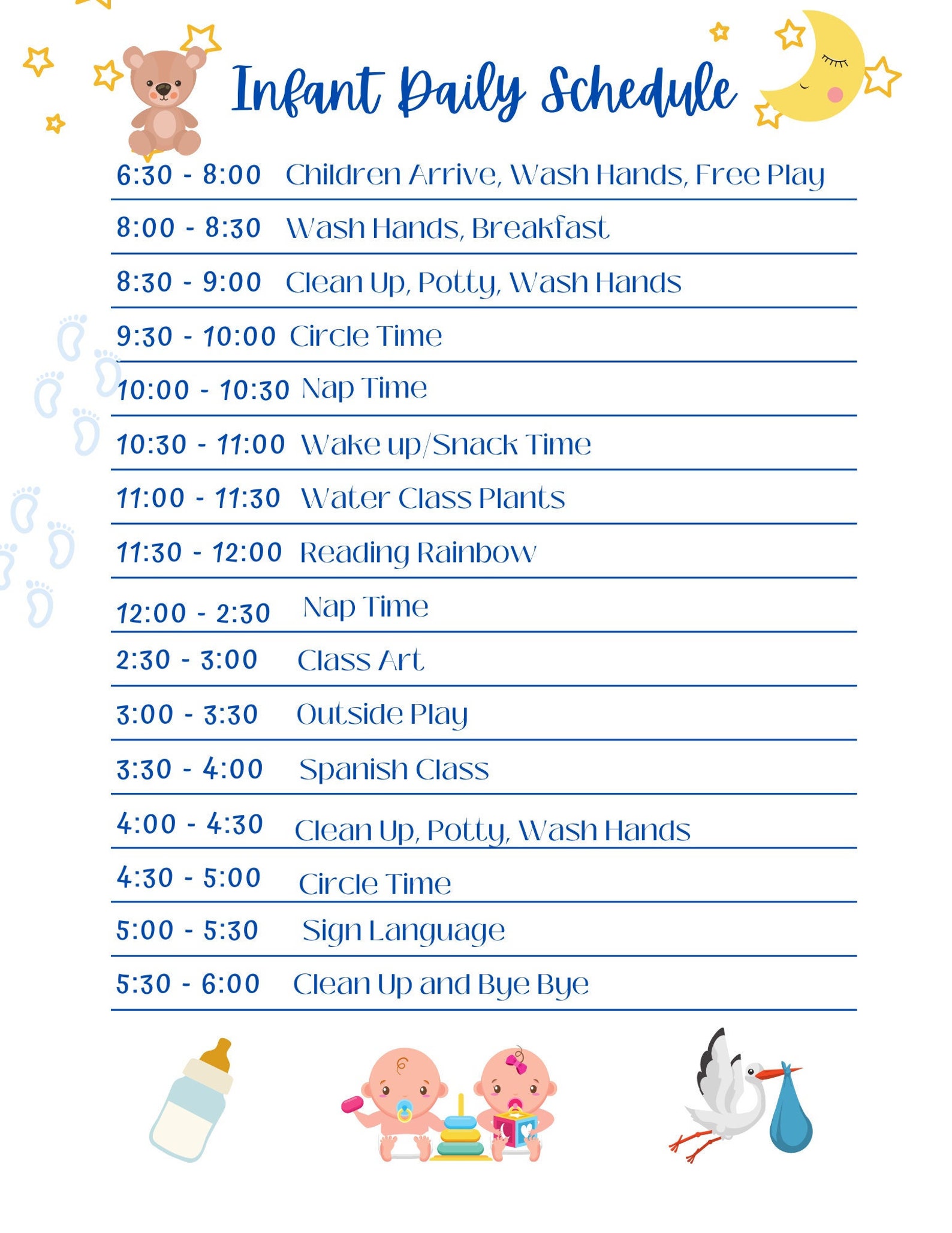 Infant Schedule For Nursery Childcare Daycare Homeware Fillable PDF