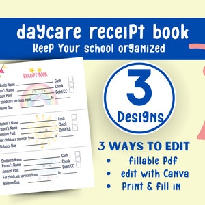 Childcare Receipt Book / Daycare Receipt Book  3 Fun Designs  *Fillable PDF Digital File