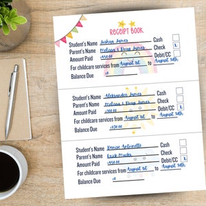 childcare Receipt book. Daycare Receipt Book. 3 colorful Designs. Fillable PDF