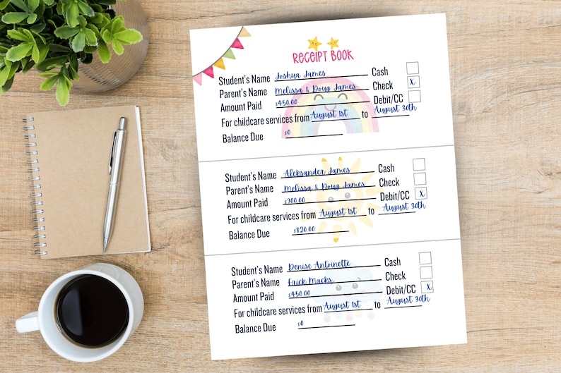 Childcare Receipt Book. Daycare Receipt Book. 3 Colorful Designs