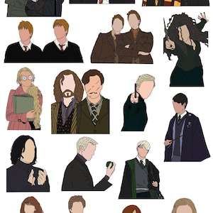 May include: A selection of colourful, stylised illustrations of characters from a popular fantasy series. The images feature various characters in different poses, with distinct clothing and accessories. The illustrations are set against a white background.