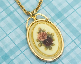 Victorian Floral Gold Tone Oval Pendant - 24 inch - L13