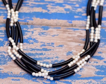 18-Zoll-Weinlese-schwarze Perlen-weiße Kunstperle Einzigartige mehrsträngige Halskette - L33