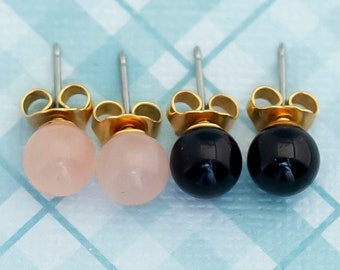 Vintage Pink and Black Spheres Stud Earrings Set by Avon - L23
