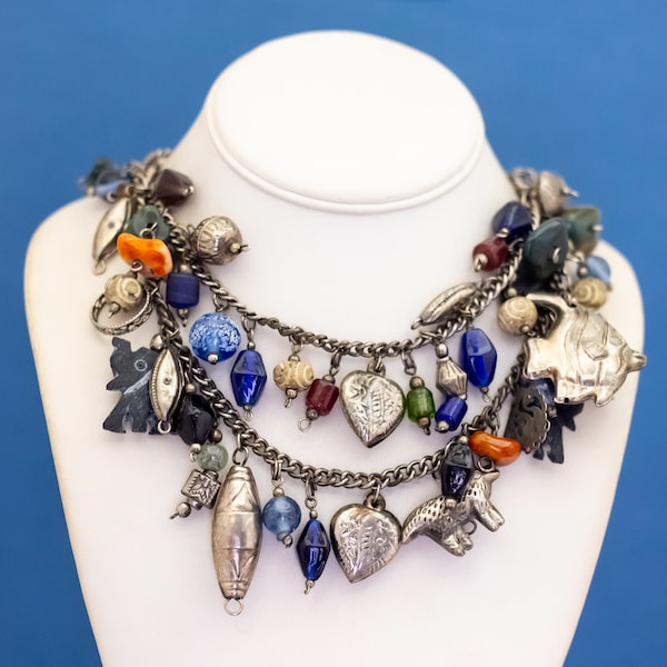 24 inch, Vintage Multicolor Gems Silver Tone Bib Necklace by India - L33